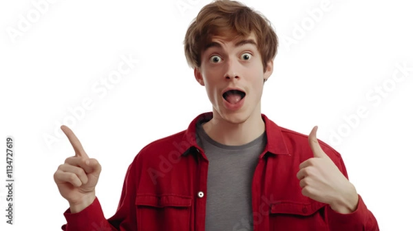 Fototapeta Portrait of man showing thumb up, raised finger, pointing
