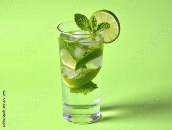 Fototapeta Mojito glass with mint leaves and lime on a pastel lime green background