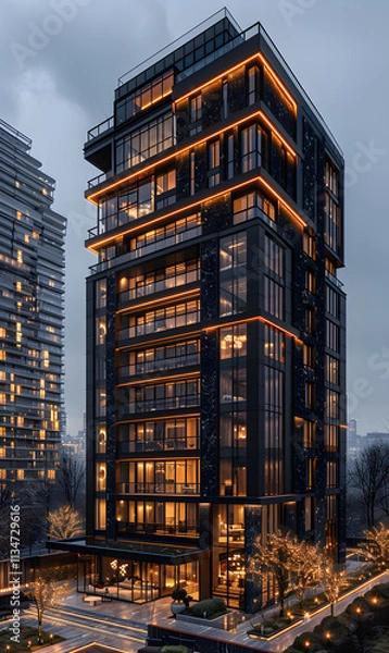Fototapeta This contemporary highrise apartment building features sleek design and illuminated windows, captured at dusk in an urban setting, showcasing its modern and elegant architecture