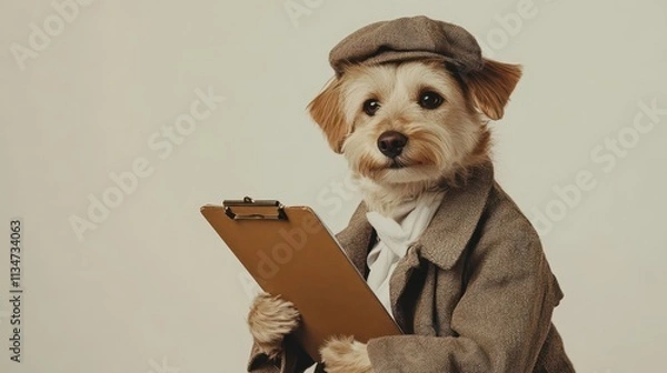Fototapeta Adorable dog dressed as a detective wearing a cap and holding a clipboard, exuding charm and character in a playful and whimsical setting, ready to solve mysteries