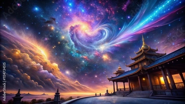 Obraz Captivating Architectural Photography of a Mystical Nebula with Tendrils Reaching Out to Nearby Star Systems, Showcasing Cosmic Beauty and Celestial Wonders in Vibrant Colors