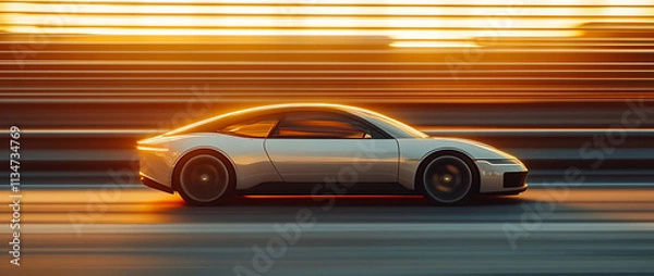 Fototapeta A sleek car in motion against a sunset backdrop.