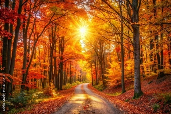 Fototapeta Captivating Autumn Ride Through Scenic Fall Foliage with Vibrant Leaves, Golden Sunlight, and Serene Pathways in a Picturesque Nature Setting Ideal for Autumn-themed Imagery