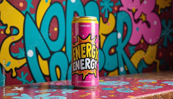 Fototapeta Vibrant energy drink can mockup with dynamic graphics on colorful background