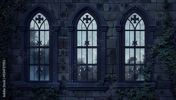 Fototapeta Gothic Stone Windows with Mysterious Night Atmosphere