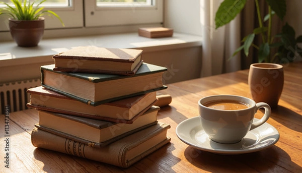 Fototapeta Stack of vintage books and coffee cup on wooden table with warm light, mockup