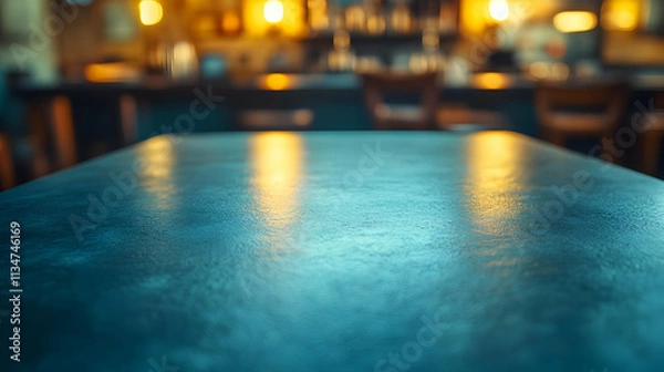 Fototapeta Empty dark teal bar table with blurred background of bar lights and seating.
