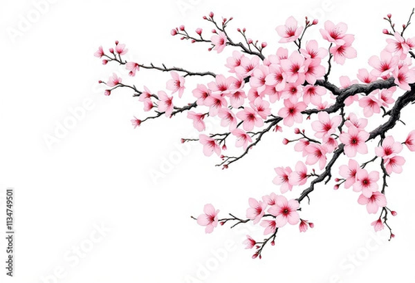 Obraz Delicate Pink Cherry Blossom Branch Against a White Background