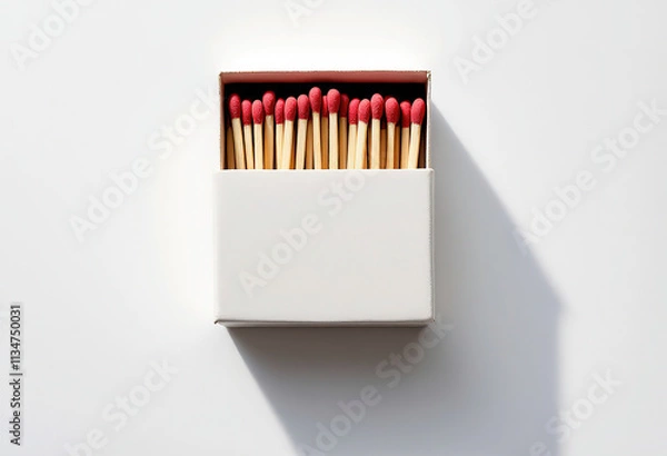 Obraz White matchbox filled with wooden matches with red tips.