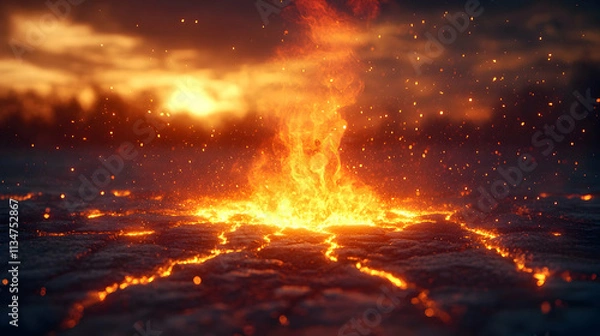 Fototapeta Fiery eruption from cracked earth at sunset.