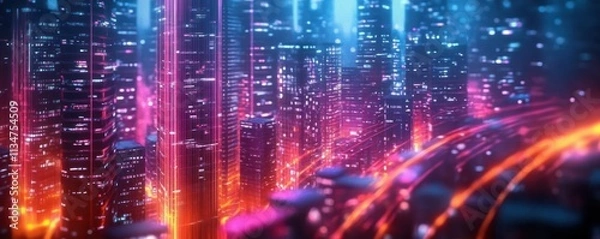 Fototapeta Futuristic Cityscape Digital Background for Technology, Artificial Intelligence, Data Transfer, Communication, Coding, Cybersecurity, Multimedia, and Science
