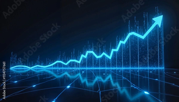 Fototapeta Digital blue growth chart with arrows reflecting on a dark background
