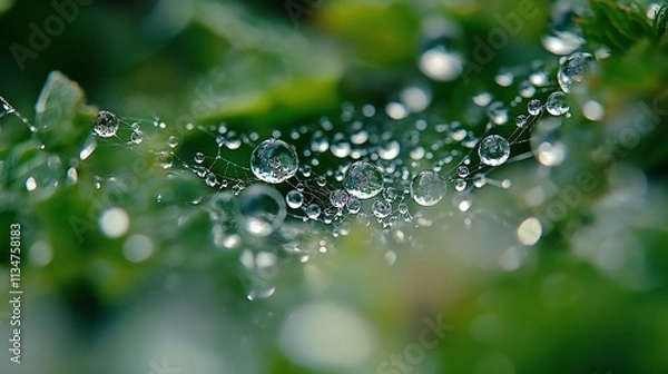 Fototapeta Spider webs with dew filmed close-up on a blurred background generative ai