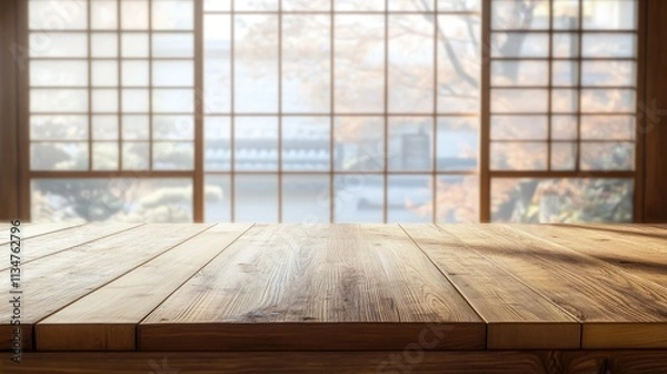 Obraz Wooden table of free space and blurred background of japan interior with big window