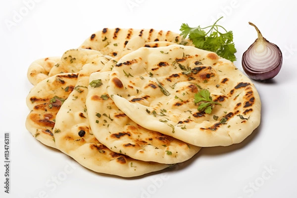 Fototapeta Close-up of freshly cooked and hot garlic naan, perfectly baked with a golden texture, showcasing its appetizing flavor and aroma, displayed neatly on a clean white background for food presentation