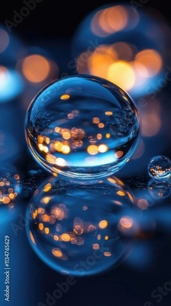 Obraz Droplets on a perfectly smooth glass surface, close-up macro shot with soft focus