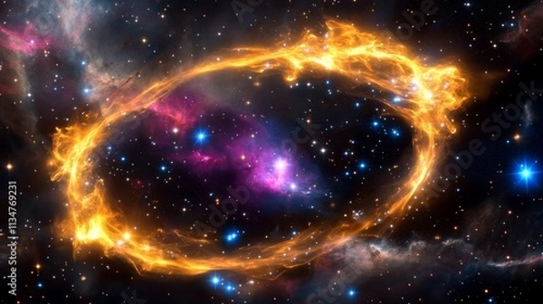 Fototapeta Cosmic Ring Nebula Encircles Stellar Dust - A fiery cosmic ring encircles a vibrant nebula, symbolizing creation, eternity, mystery, power, and wonder.  The image evokes a sense of awe and the vastnes
