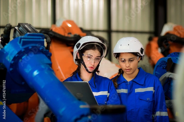 Obraz Two Caucasian female engineer, Technician wearing safety uniform working use tablet Online information monitor machine operation, check maintenance plan to make a machine work efficiently and safely.