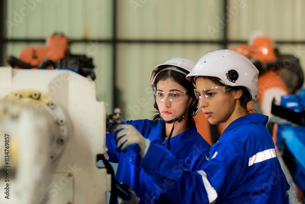 Obraz Two Caucasian female engineer, Technician, Machine Operator wearing safety uniform workwear are working, monitor machine operation, check maintenance plan to make a machine work efficiently and safely