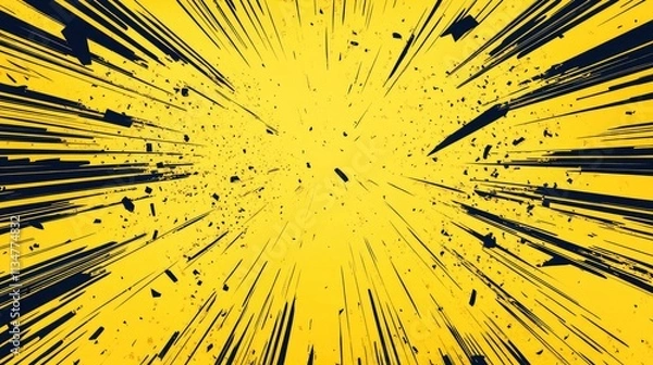 Obraz Yellow Manga anime action frame lines with halftones. Pop art retro background with exploding rays of lightning comic style, vector illustration. Abstract explosive template with speed lines