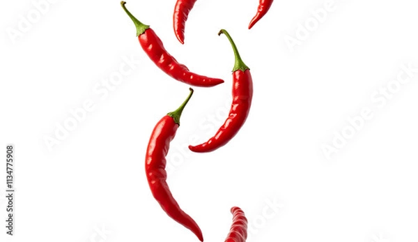 Obraz Falling closeup red chillies isolated on white background, full depth of field