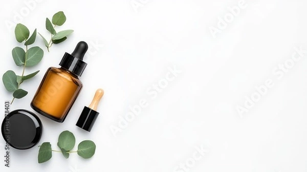 Fototapeta Fresh Eucalyptus and Cream Jars with Glass Bottles on White Background - Top View
