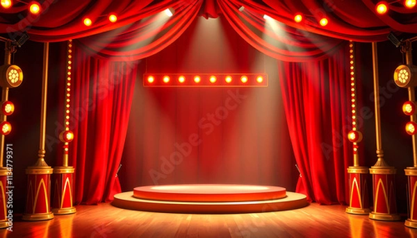 Fototapeta stage with red curtains and spotlights, with white tones