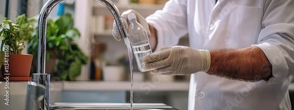 Obraz A man takes a water sample in the kitchen. Selective focus.