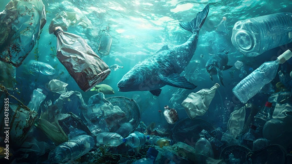 Fototapeta Underwater creatures face a perilous environment, symbolizing the urgency of protecting the ocean from plastic pollution.
