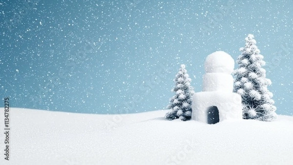 Fototapeta Winter landscape featuring a snowman and pine trees in a snowy setting.