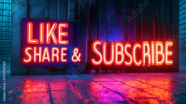 Fototapeta Neon sign encouraging interaction with a channel in a dimly lit urban environment