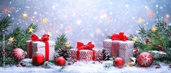 Fototapeta Festive Christmas Gifts Under Snowy Pine Branches with Red Ornaments