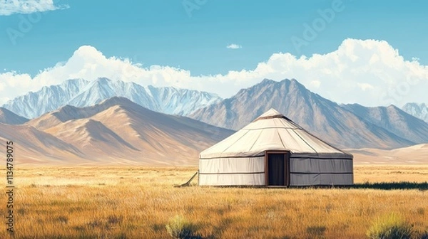 Fototapeta Yurt nomad house stands in the Asian steppe with mountains background