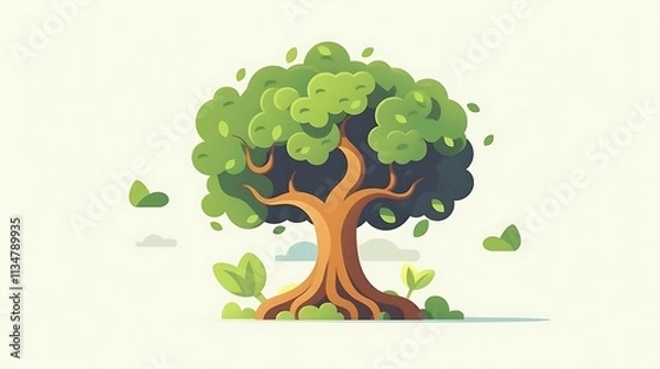 Fototapeta Lush green tree with exposed roots and leaves blowing in the wind, illustrated in a cartoon style.