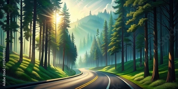 Fototapeta A winding road through a dense forest, bathed in the golden glow of a rising sun, creating a picturesque and serene landscape.
