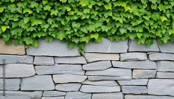 Fototapeta A textured stone wall topped with vibrant green ivy leaves, creating a natural and rustic aesthetic.