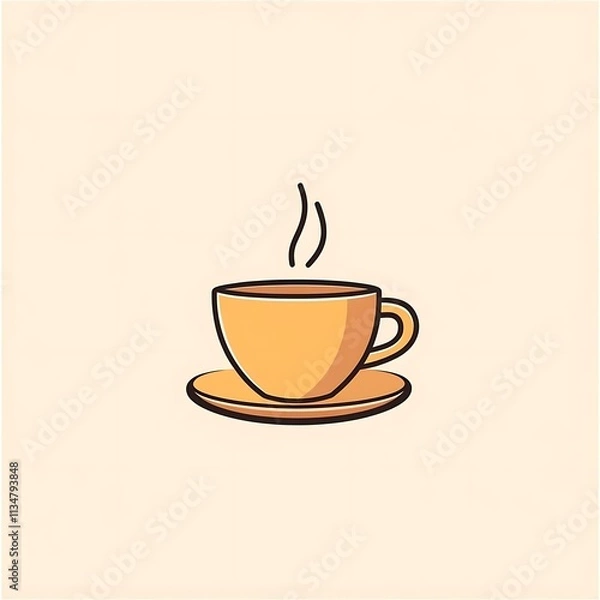 Fototapeta A steaming cup of tea in a simple, minimalist cartoon style, sitting on a saucer.