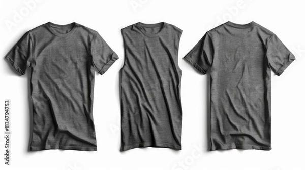 Obraz 2 Set of dark light grey tee t shirt round neck front, back and side view on white background cutout, PNG file. Mockup template for artwork graphic design.