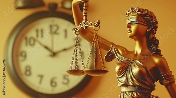 Fototapeta Elegant Golden Justice Scales and Mythological Goddess Statue with Antique Clock