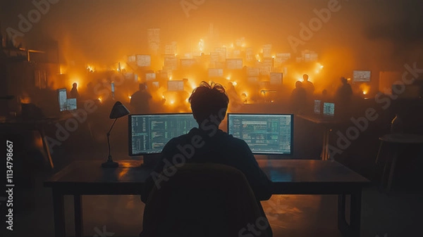 Fototapeta A man sits at a computer desk with two monitors in front of him. The room is dimly lit and the man is focused on his work. Scene is serious and focused