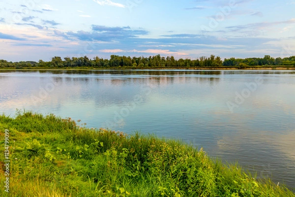 Fototapeta Vistula river landscape at summer early evening with riverside with wild beaches and embankment near Czerwinsk village in Mazovia region of Poland