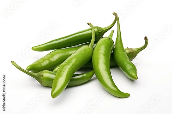Fototapeta Close-up of fresh and vibrant long green chilies, arranged neatly on a clean white background, showcasing their natural texture and vivid color, ideal for cooking and food decoration purposes