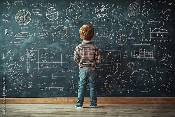 Fototapeta Young Curious Student Exploring Scientific Concepts on Chalkboard