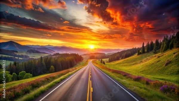 Fototapeta A Winding Road Through Verdant Hills As The Sun Sets Behind Majestic Mountains, Creating A Vibrant Sky With Fiery Hues