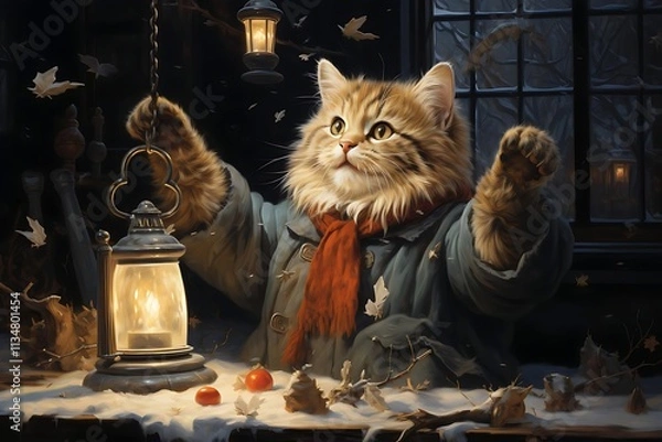 Fototapeta A fluffy cat in a coat pulls on a lantern, autumn leaves fall around it.