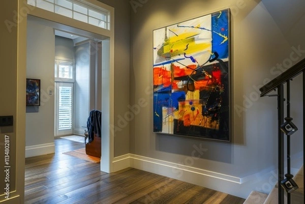 Fototapeta A vibrant abstract painting featuring bold colors adorns the wall of a modern hallway, illuminated by natural light streaming in from nearby windows.