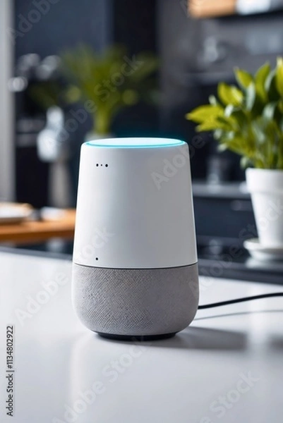 Fototapeta A close-up view of an AI-powered smart home assistant with a sleek, modern design. The device exudes intelligence and innovation, symbolizing futuristic technology and usability in a home setting.
