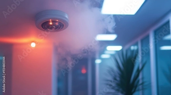 Fototapeta Smoke detector and fire alarm sounding off in a modern office environment, with flashing lights and smoke drifting in the air, providing a sense of urgency, with ample copy space for text or branding 