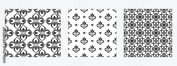Fototapeta Geometric floral set of seamless patterns. White and black vector backgrounds. Damask graphic ornaments.