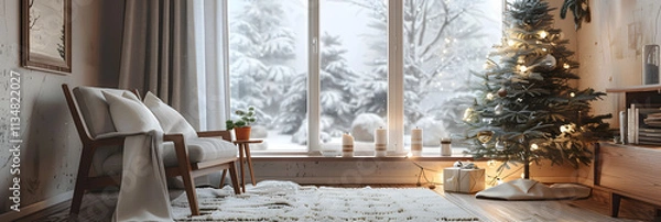 Obraz A Scandinavian-style Christmas nook with wooden furniture, white and gray decor, and a small pine tree with simple lights